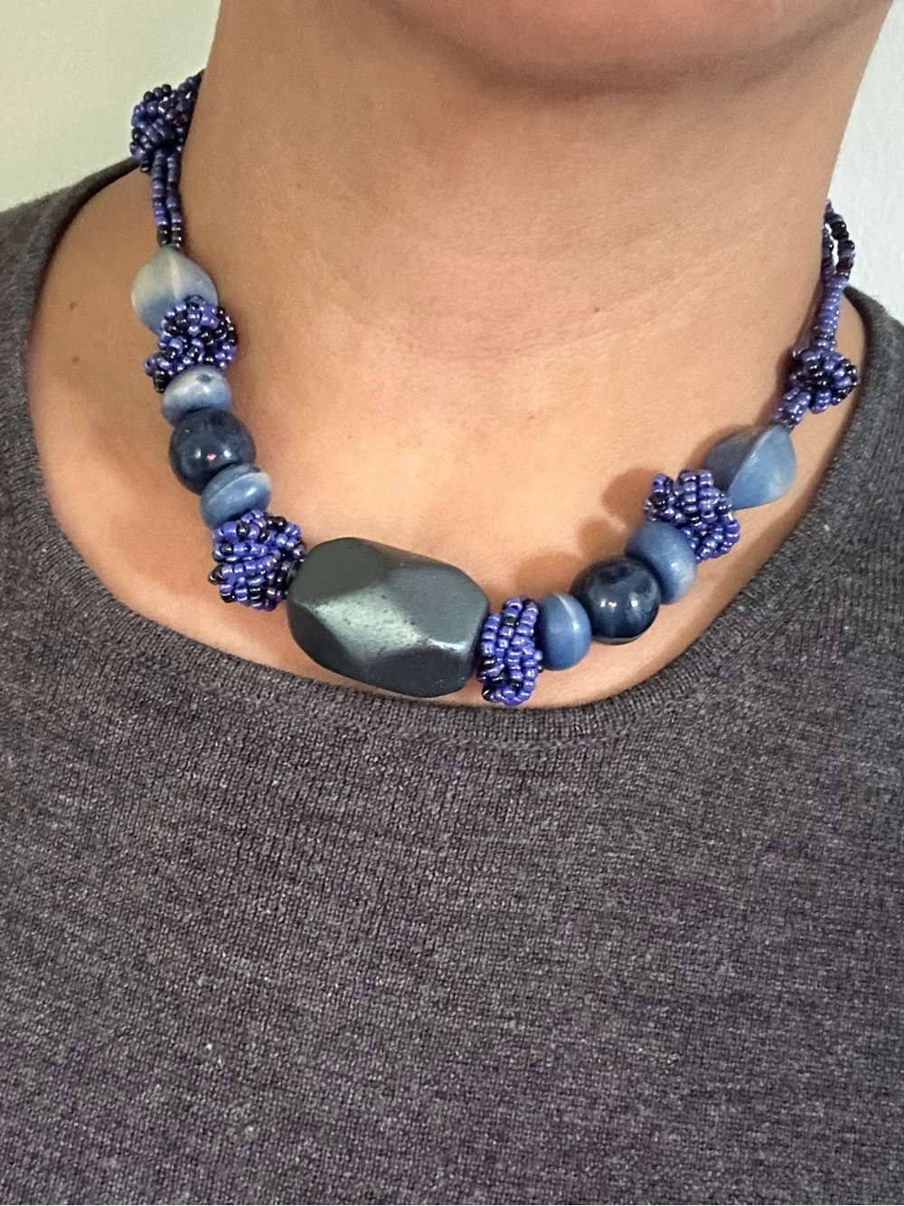 Blue Beaded Statement Necklace with Mixed Beads
